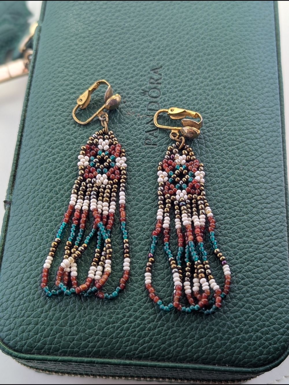 Vintage Hand-Beaded Fringe Drop Clip-On Earrings | Southwestern / Boho Style - Picture 1 of 3